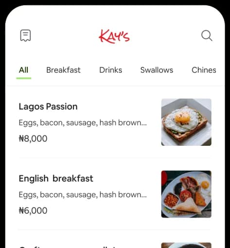 Sub-section of the menu page on Zappie checkout